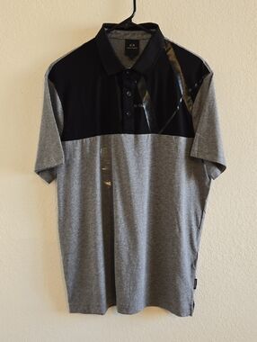 A/X Armani Exchange Men’s Black and Gray Colorblock Polo - Large